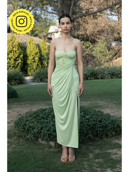 SOTBELLA - Sea Green Draped Slip Dress with Embellished Bodice