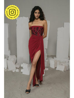 SOTBELLA - Maroon Sequin Bodice Draped Gown