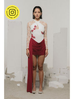 SOTBELLA - Off White Draped Mini Dress with Lace Sleeves