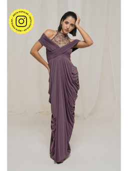 SOTBELLA - Purple Off Shoulder Draped Gown with Embellished Halter Neck