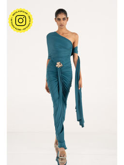 SOTBELLA - Teal One Shoulder Draped Gown