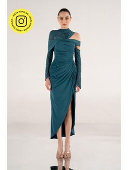 SOTBELLA - Teal Draped Midi Dress with Sheer Lace Sleeves