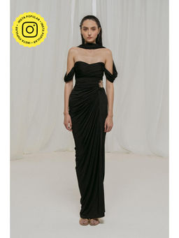 SOTBELLA - Black Off-Shoulder Draped Gown with Neck Stole