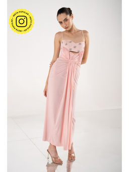 SOTBELLA - Pink Draped Dress with Sculpted Bodice and Floral Accents