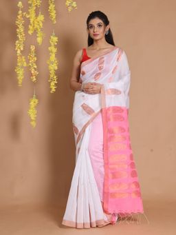 CHARUKRITI - White Blended Cotton Handwoven Woven Zari Paisley Designs Saree with Unstitched Blouse