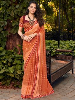 Odette - Womens Chiffon Peach Printed Saree with Unstitched Blouse