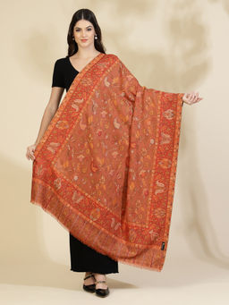 Zamour - Orange Floral Kani Weave Zari Wool Shawl