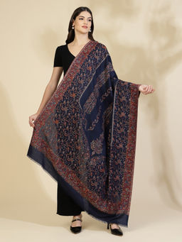 Zamour - Navy Blue Floral Jaal Kani Zari Wool Shawl