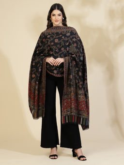 Zamour - Black Floral Jaal Kani Weave Wool Shawl
