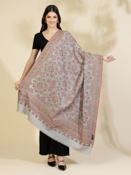 Zamour - Grey Floral Jaal Kani Zari Wool Shawl