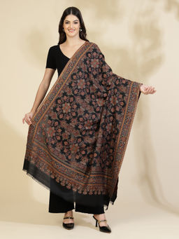 Zamour - Black Floral Jaal Kani Zari Wool Shawl