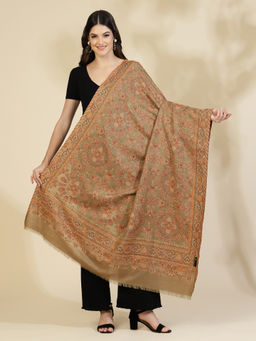 Zamour - Beige Floral Jaal Kani Zari Wool Shawl