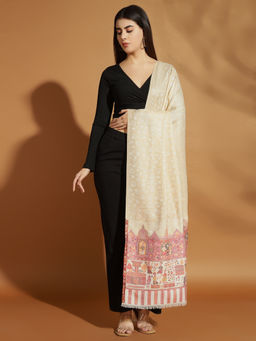 Zamour - Beige Woven Floral Self Mughal Border Shawl