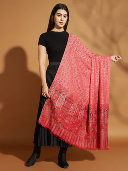 Zamour - Pink Woven Floral Self Mughal Border Shawl
