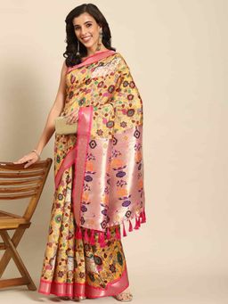Silk Land - Womens Kalamkari Print Yellow Regal Weave Silk Saree with Unstitched Blouse