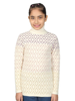 Cantabil - Girls Cream Woven High Neck Sweater