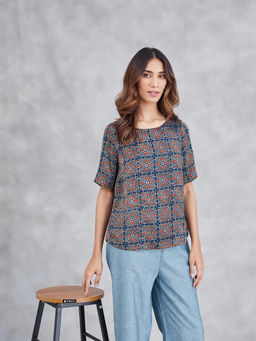 Fabindia - Blue Rayon Blend Ajrakh Printed Arcadian Top