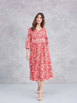 Fabindia - Red Cotton Floral Midi Dress
