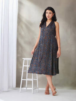 Fabindia - Blue Rayon Blend Ajrakh Printed Marilyn Halter Midi Dress