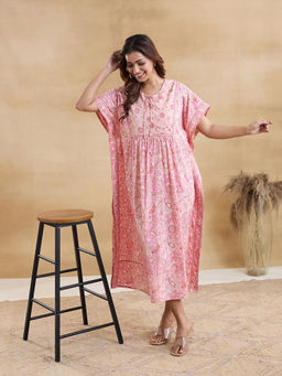 Fabindia - White Cotton Hand Block Printed Midi Kaftan Dress