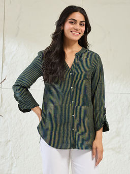 Fabindia - Green Rayon Blend Dabu Striped Shirt