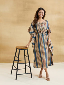 Fabindia - Beige Cotton Bagru Midi Kaftan Dress