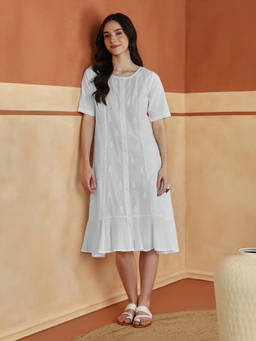 Fabindia - White Cotton Chikankari Peony Ruffle Midi Dress