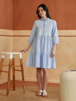 Fabindia - Light Blue Cotton Chikankari Short Dress