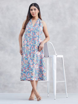 Fabindia - Aqua Viscose Silk Floral Midi Dress