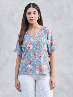 Fabindia - Aqua Viscose Silk Floral Top