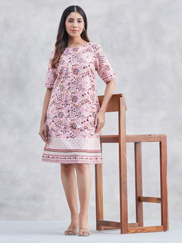 Fabindia - White-Purple Cotton Linen Floral Short Dress