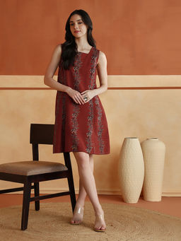 Fabindia - Maroon Cotton Linen Floral Printed Short Dress