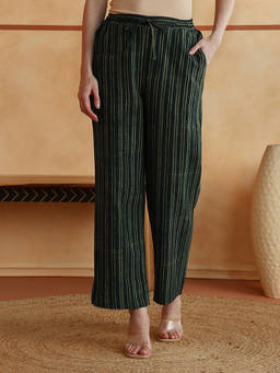 Fabindia - Green Cotton Linen Striped Casual Pant with Drawstring