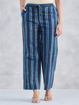 Fabindia - Black-Blue Cotton Linen Striped Casual Pant with Drawstring
