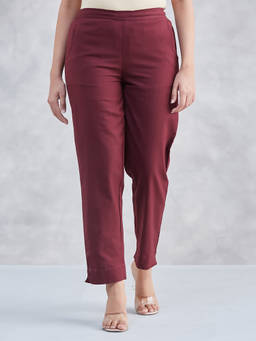 Fabindia - Burgandy Cotton Linen Casual Pant