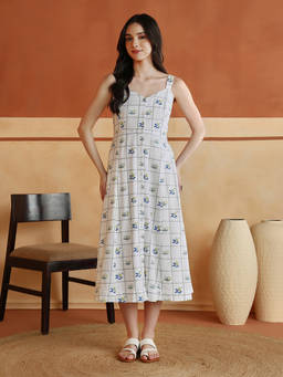 Fabindia - White Cotton Floral Printed Midi Dress