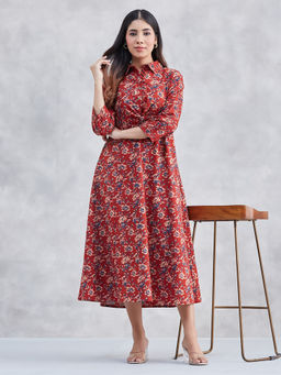 Fabindia - Red Cotton Floral Midi Dress