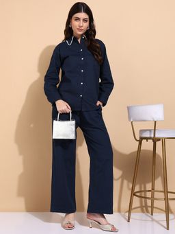 Saffe - Women’s Solid Blue Cotton 2-Piece Co-Ord Set with Pearl Detail & Collar