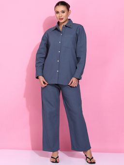 Saffe - Women’s Solid Blue Cotton 2-Piece Co-Ord Set with Pearl Detail & Collar