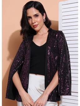 Saffe - Women Purple Sequin Long Sleeve Front Open Shrug