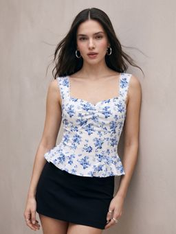 Outzidr - White Sweetheart Neckline Printed Peplum Top