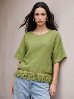 Outzidr - Olive Relaxed Flowy Top With Fringed Hem