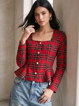 Outzidr - Red Checkered Square Neck Full Sleeve Top