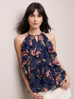 Outzidr - Navy Blue Halter Neck Ruffles Flared Printed Top