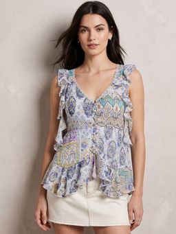 Outzidr - Blue Asymmetric Hemline Printed Top