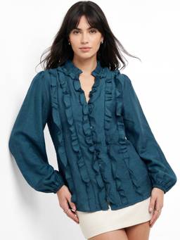 Outzidr - Teal Soft Ruffle Front Button Down Shirt