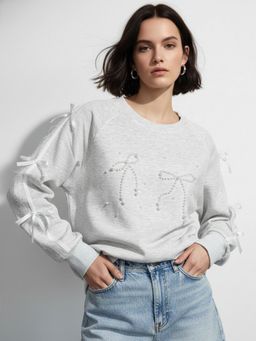 Outzidr - Grey Full Sleeve Lace Bow Detail Sweatshirt