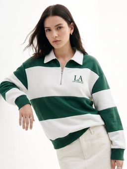 Outzidr - Multi Striped Varsity Collared Half Zip Up Sweatshirt