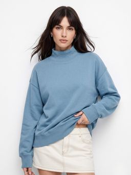 Outzidr - Blue High Neck Relaxed Fit Solid Sweatshirt
