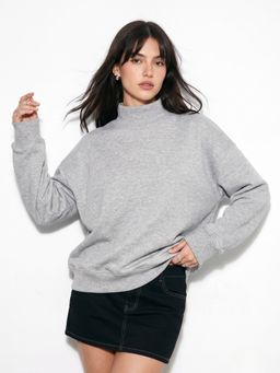 Outzidr - Grey High Neck Relaxed Fit Solid Sweatshirt